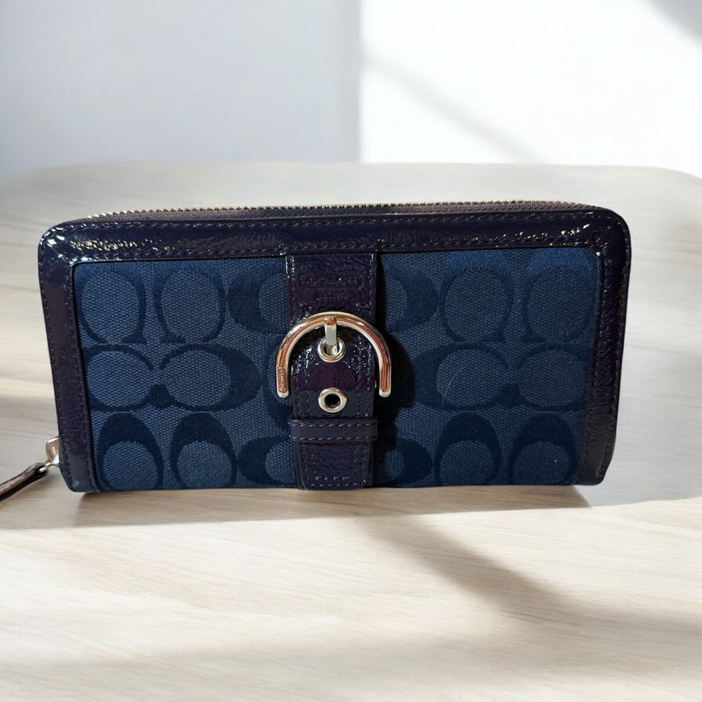 Coach Zip Around Wallet Signature Navy On Navy Silver Hardware Buckle